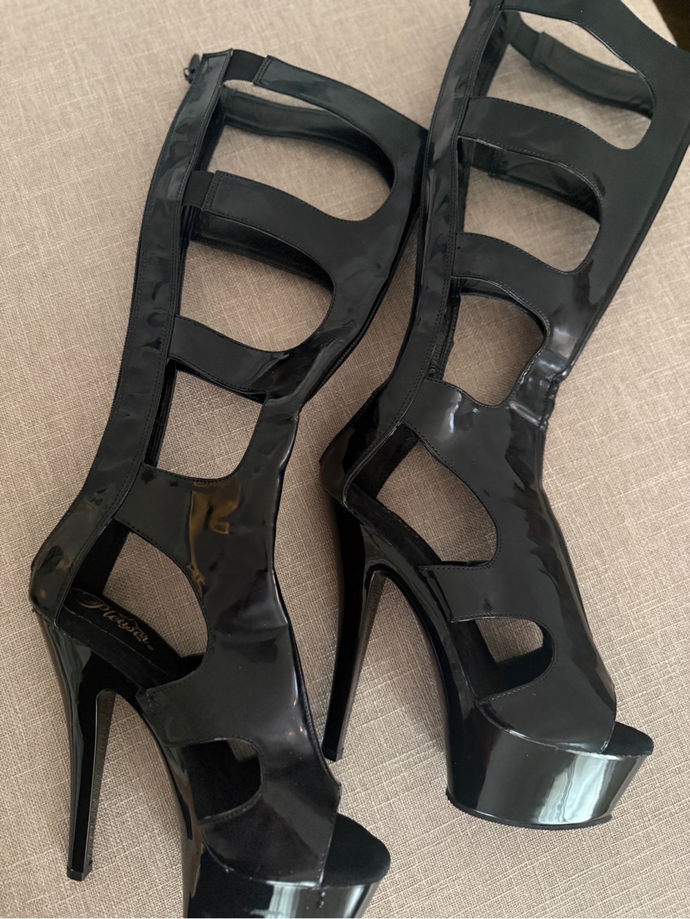 Black Patent Cutout Gladiator Boots Platform Heels size 8